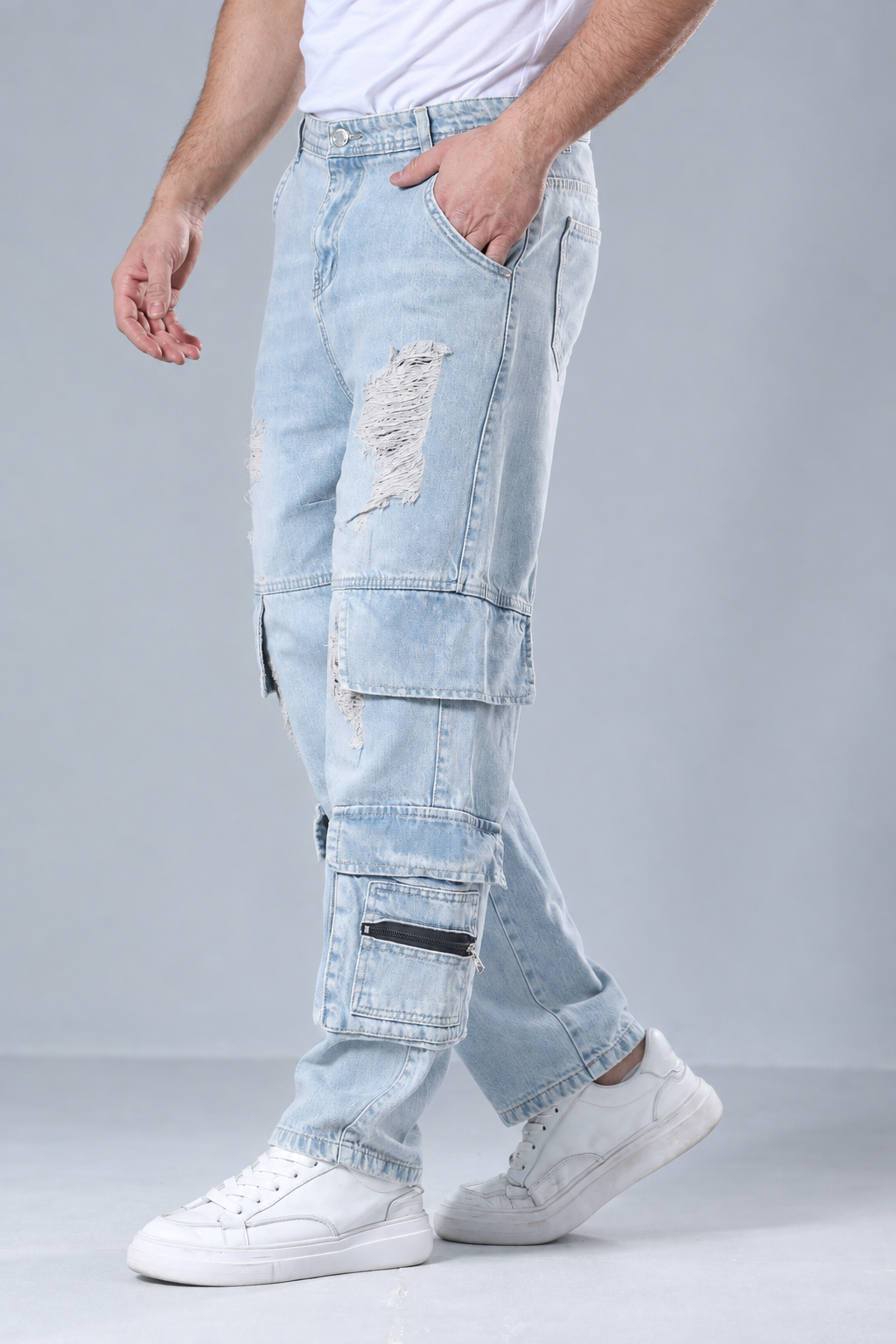Wide-Leg Fashion Jeans with Utility Pockets & Zipper Details (L178)