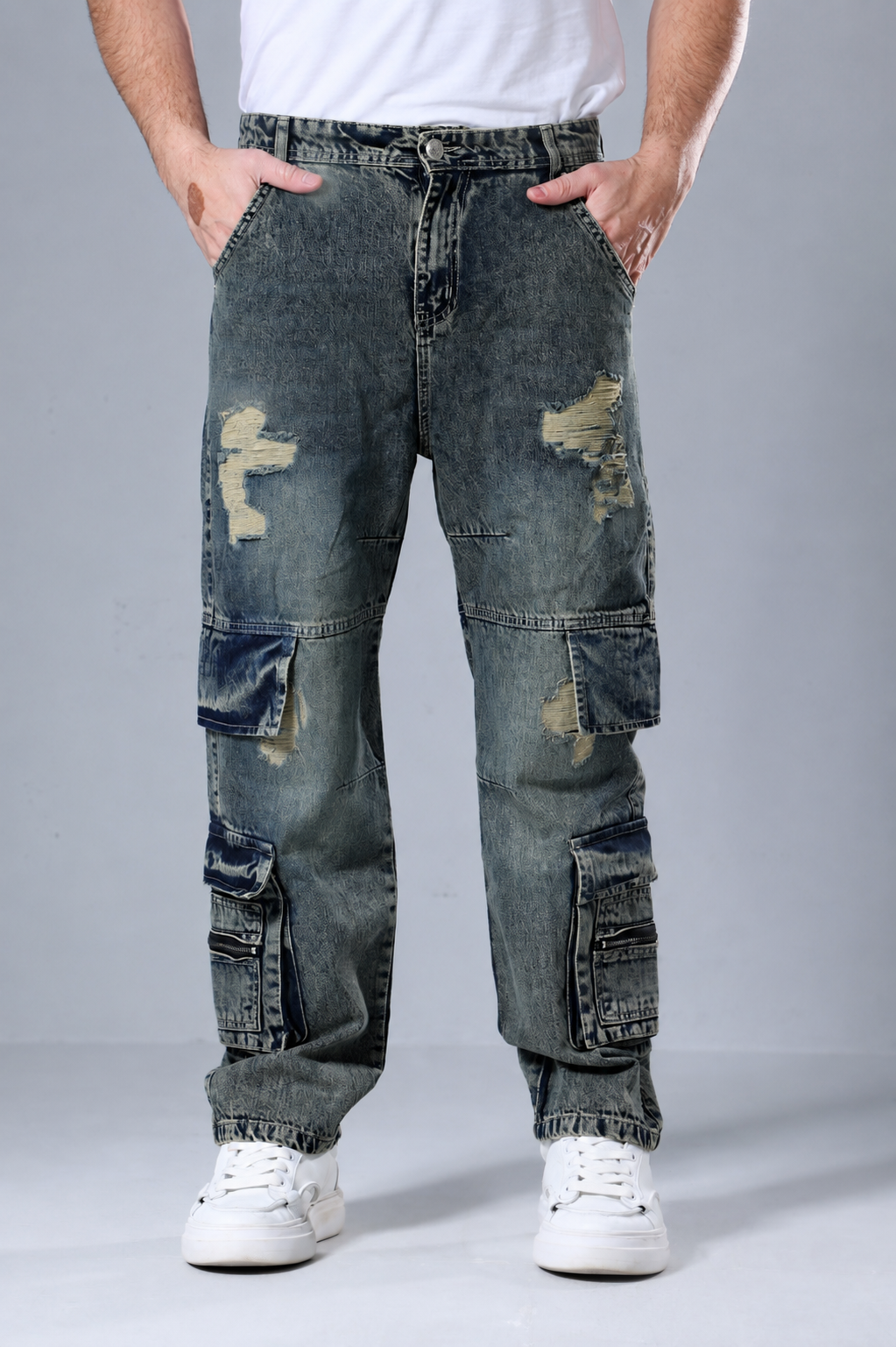 Wide-Leg Fashion Jeans with Utility Pockets & Zipper Details (L178)
