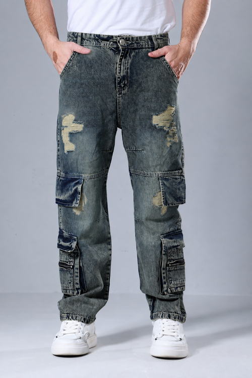 Wide-Leg Fashion Jeans with Utility Pockets & Zipper Details (L178)