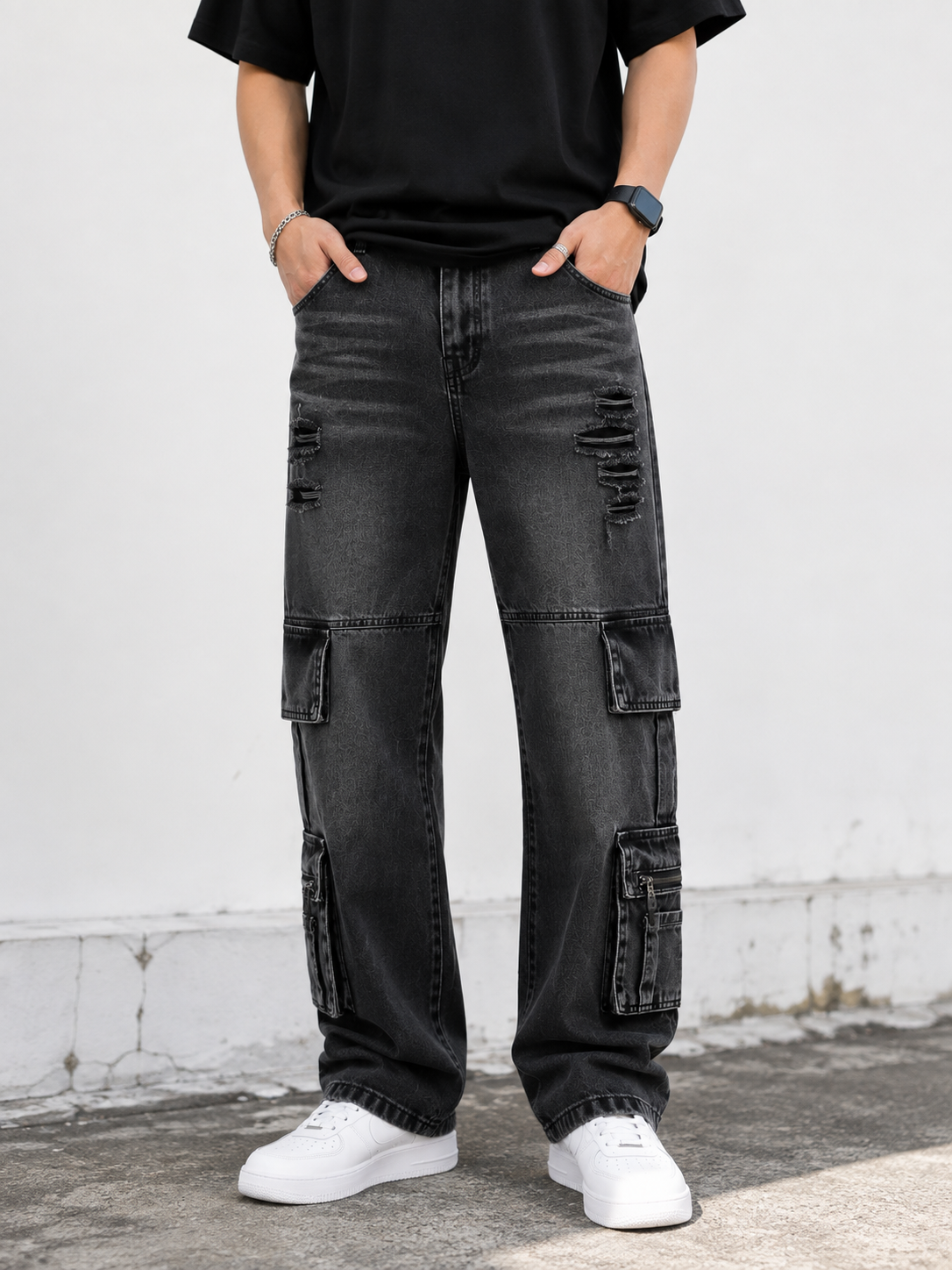 Wide-Leg Fashion Jeans with Utility Pockets & Zipper Details (L178)